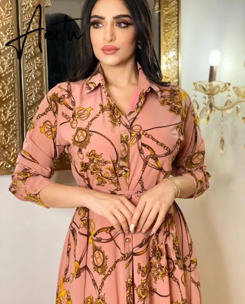 New Arrivals Dress For Women's Muslim French Elegant Long Sleeve Blouse Collar Dress Middle East Pearl Green Printed Skirt Aiertu