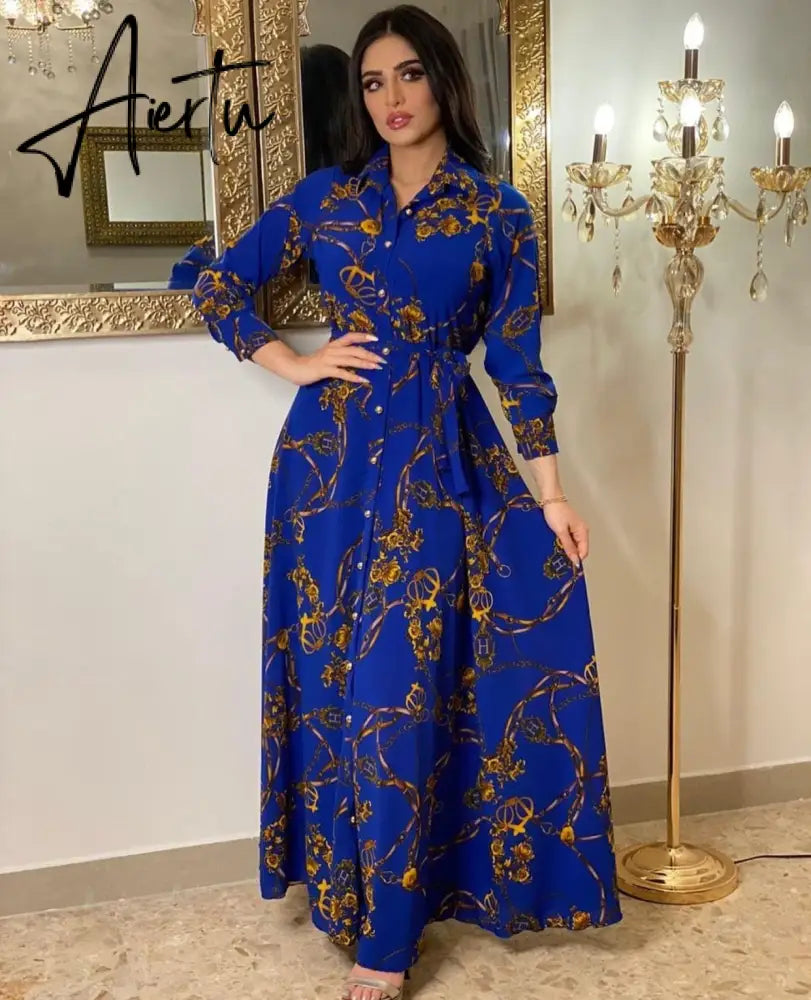New Arrivals Dress For Women's Muslim French Elegant Long Sleeve Blouse Collar Dress Middle East Pearl Green Printed Skirt Aiertu
