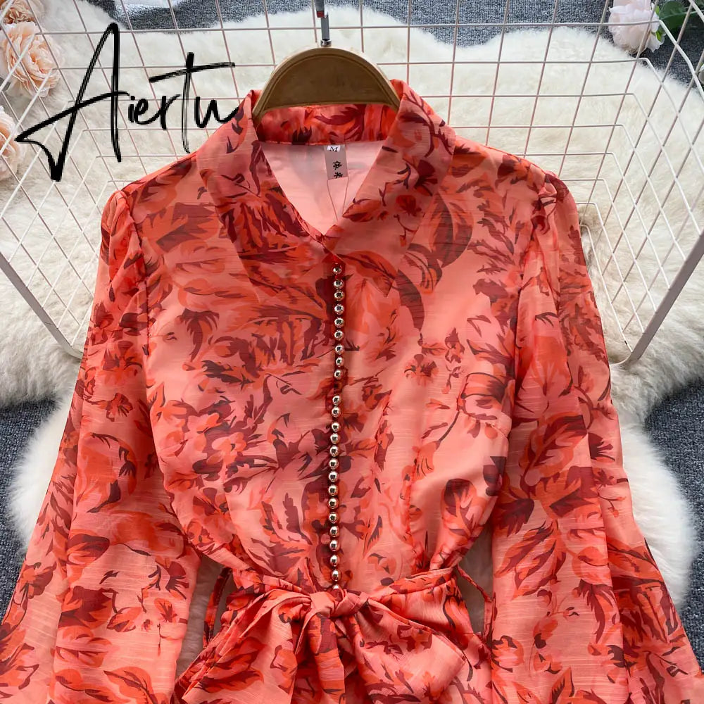 New Autumn Fashion Elegant Long Dress Women's Long Sleeve Lapel Printed Maxi Dress Female Seaside Holiday Beach Dress Aiertu