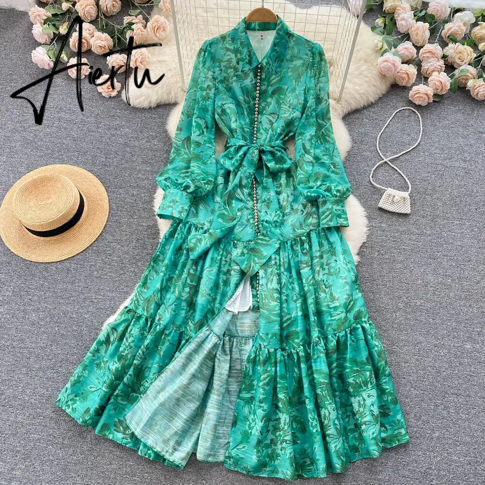 New Autumn Fashion Elegant Long Dress Women's Long Sleeve Lapel Printed Maxi Dress Female Seaside Holiday Beach Dress Aiertu