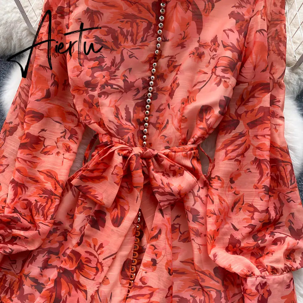 New Autumn Fashion Elegant Long Dress Women's Long Sleeve Lapel Printed Maxi Dress Female Seaside Holiday Beach Dress Aiertu