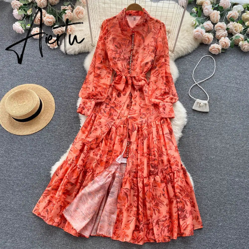 New Autumn Fashion Elegant Long Dress Women's Long Sleeve Lapel Printed Maxi Dress Female Seaside Holiday Beach Dress Aiertu