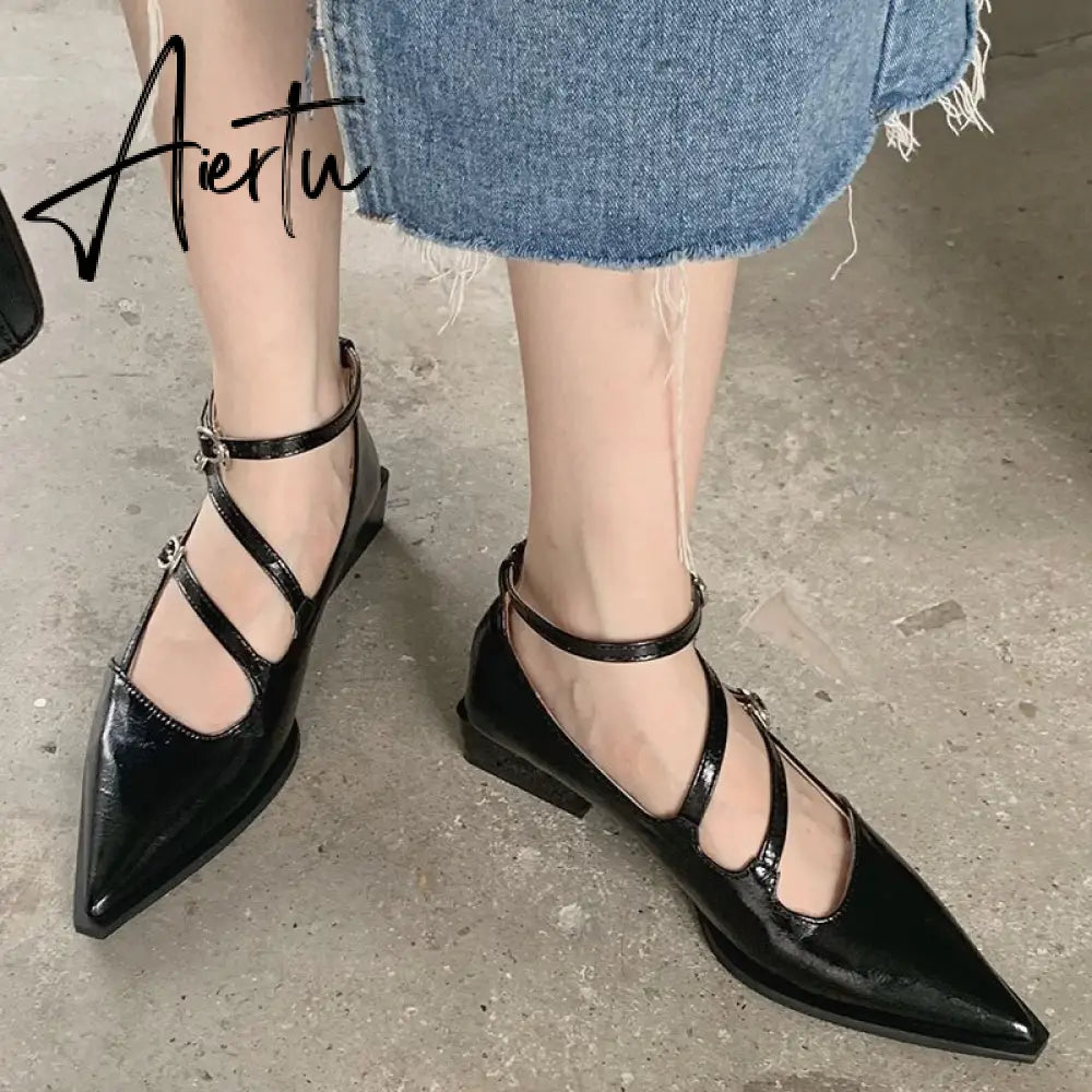 New Autumn Spring Fashion Pointed Toe Ladies Low Heel Sandals Buckle Strap Outdoor Female Casual Shallow Women Pumps Shoes Aiertu