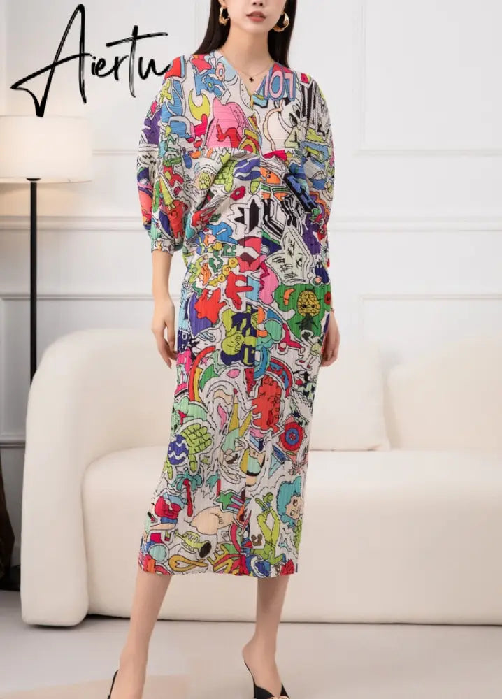 New Autumn/Winter Print Pleated Skirt/Holiday Party Temperament Loose Bat S Sleeve Dress Factory Spot Hot Sales Aiertu