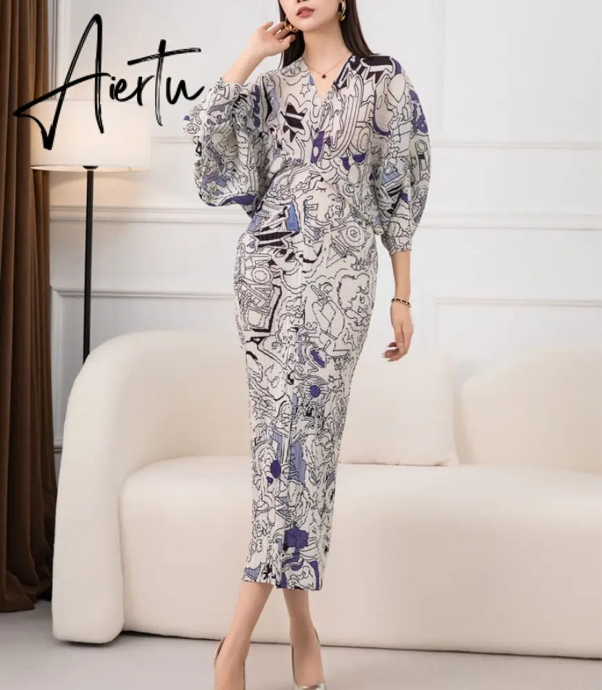 New Autumn/Winter Print Pleated Skirt/Holiday Party Temperament Loose Bat S Sleeve Dress Factory Spot Hot Sales Aiertu