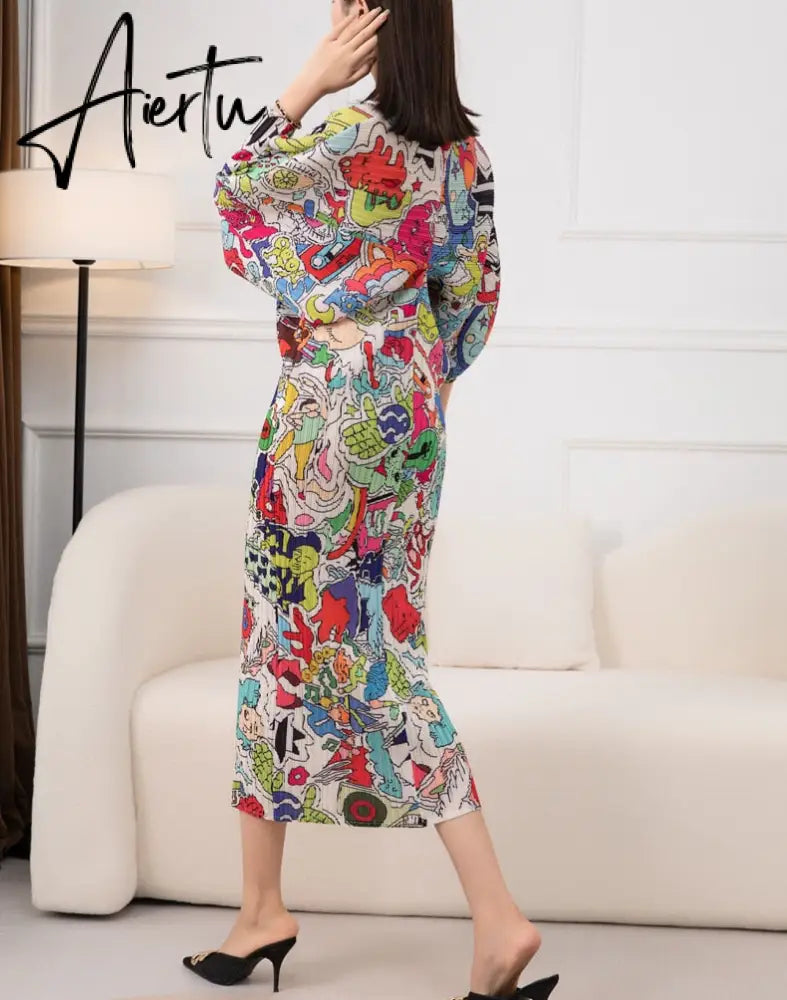 New Autumn/Winter Print Pleated Skirt/Holiday Party Temperament Loose Bat S Sleeve Dress Factory Spot Hot Sales Aiertu