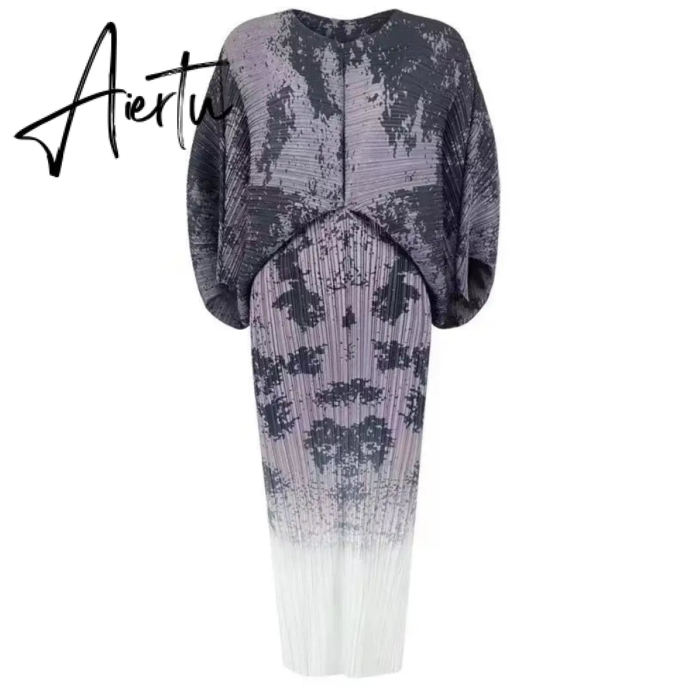 New Autumn/Winter Print Pleated Skirt/Holiday Party Temperament Loose Bat S Sleeve Dress Factory Spot Hot Sales Aiertu