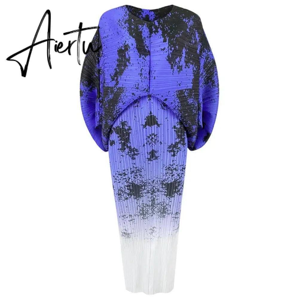 New Autumn/Winter Print Pleated Skirt/Holiday Party Temperament Loose Bat S Sleeve Dress Factory Spot Hot Sales Aiertu