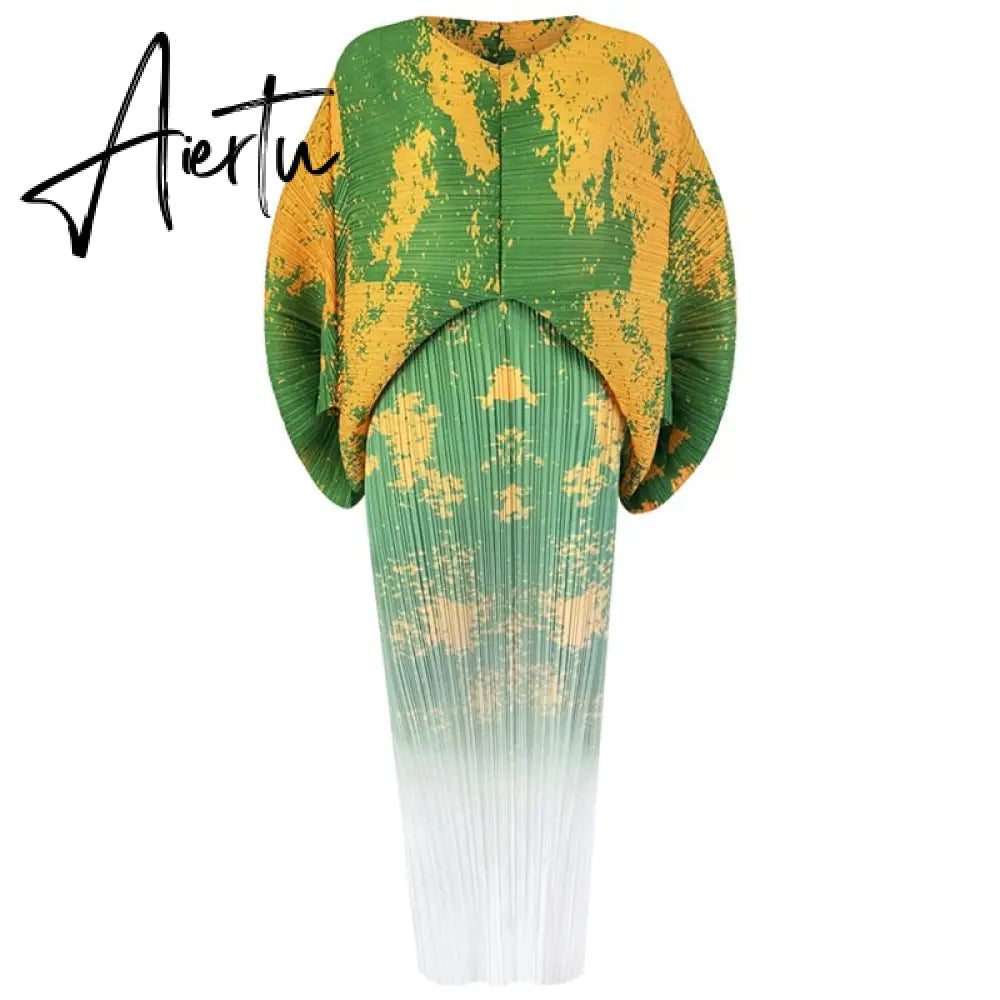 New Autumn/Winter Print Pleated Skirt/Holiday Party Temperament Loose Bat S Sleeve Dress Factory Spot Hot Sales Aiertu