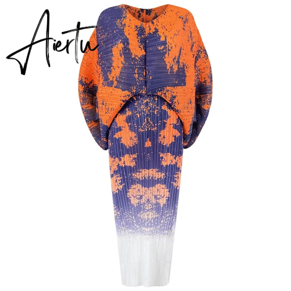 New Autumn/Winter Print Pleated Skirt/Holiday Party Temperament Loose Bat S Sleeve Dress Factory Spot Hot Sales Aiertu