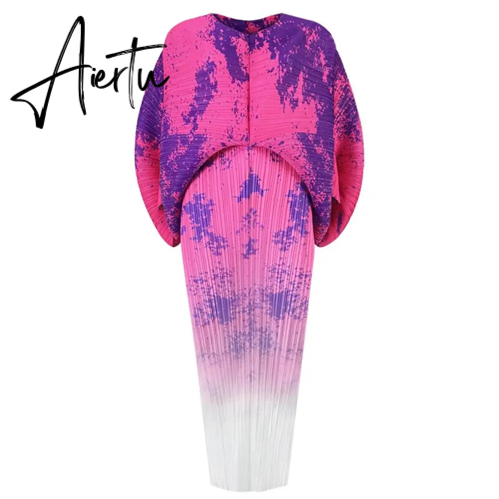 New Autumn/Winter Print Pleated Skirt/Holiday Party Temperament Loose Bat S Sleeve Dress Factory Spot Hot Sales Aiertu