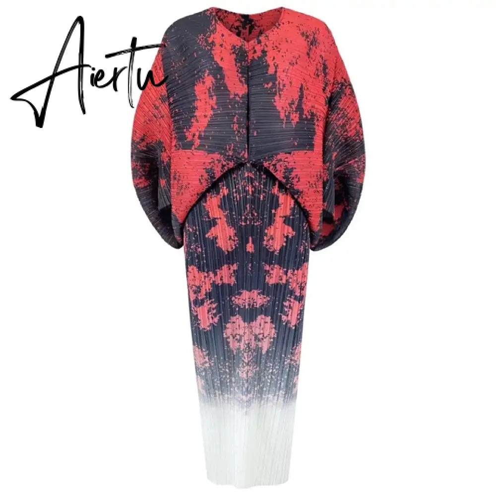 New Autumn/Winter Print Pleated Skirt/Holiday Party Temperament Loose Bat S Sleeve Dress Factory Spot Hot Sales Aiertu