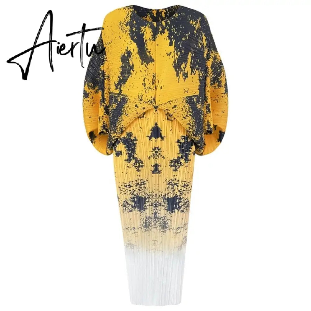 New Autumn/Winter Print Pleated Skirt/Holiday Party Temperament Loose Bat S Sleeve Dress Factory Spot Hot Sales Aiertu