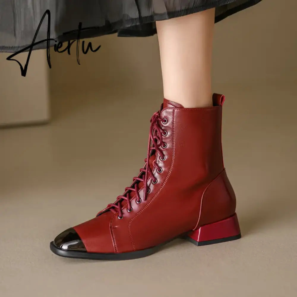 New Autumn winter Women ankle boots natural leather 22-25cm cowhide upper modern boots lace up metal toe short boots Aiertu