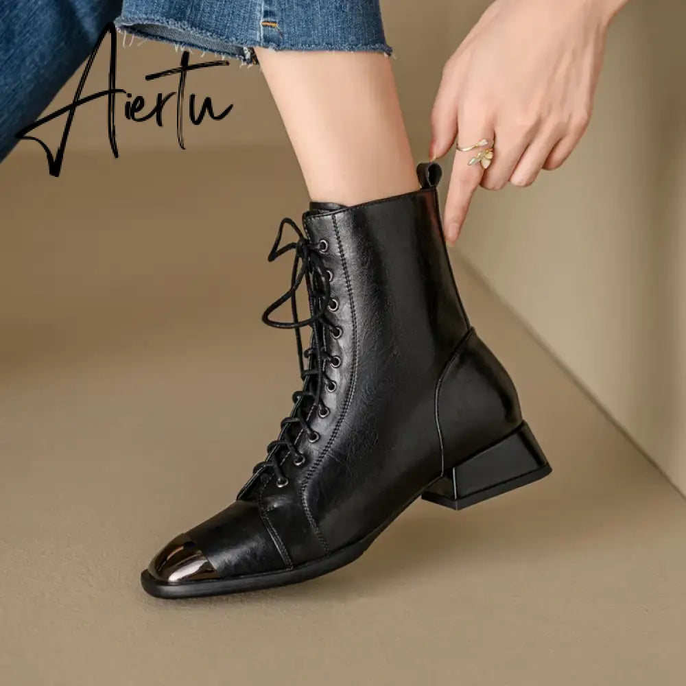New Autumn winter Women ankle boots natural leather 22-25cm cowhide upper modern boots lace up metal toe short boots Aiertu