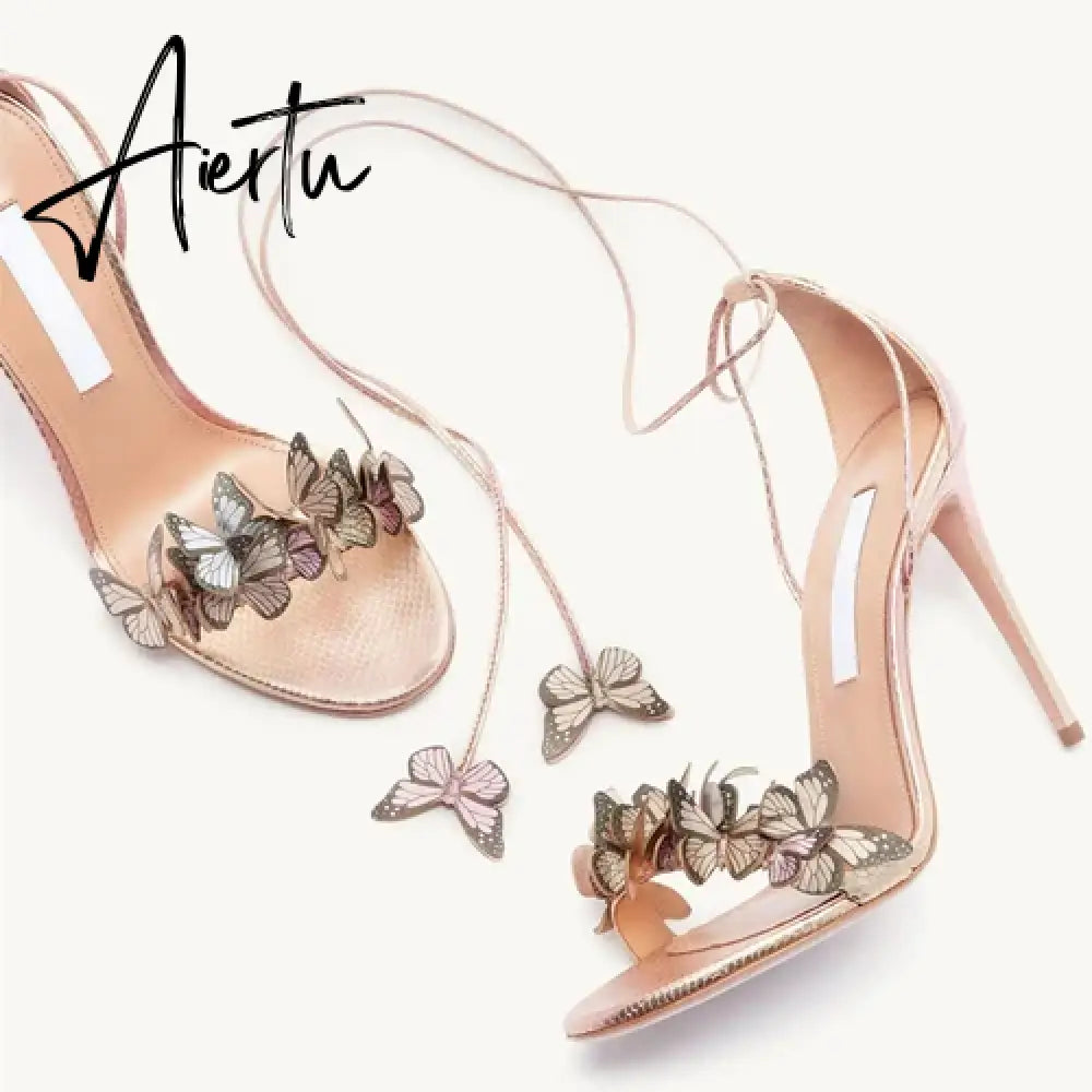 New Bowtie High Heels, Thin Heel Strap, Genuine Leather Flower Banquet, Hollow Out Sexy One Line Strap Sandals for Women Aiertu