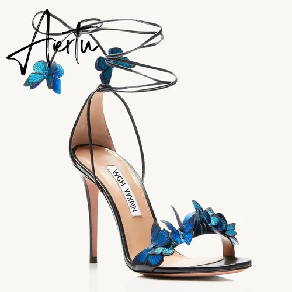 New Bowtie High Heels, Thin Heel Strap, Genuine Leather Flower Banquet, Hollow Out Sexy One Line Strap Sandals for Women Aiertu