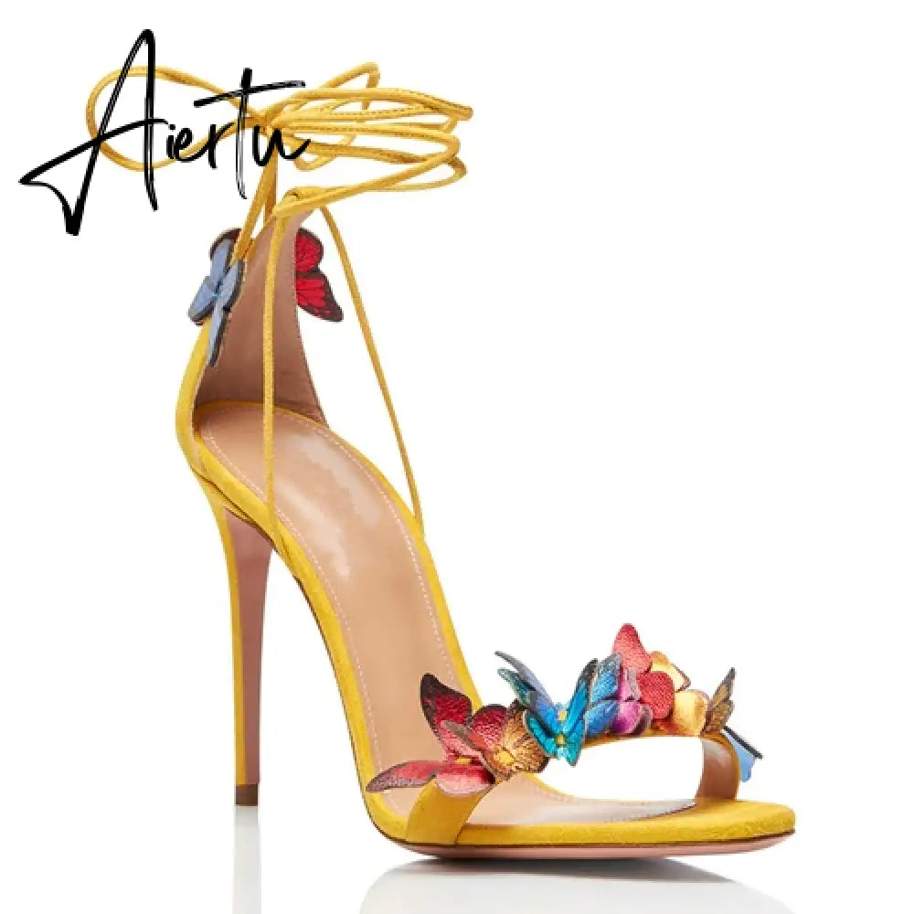 New Bowtie High Heels, Thin Heel Strap, Genuine Leather Flower Banquet, Hollow Out Sexy One Line Strap Sandals for Women Aiertu