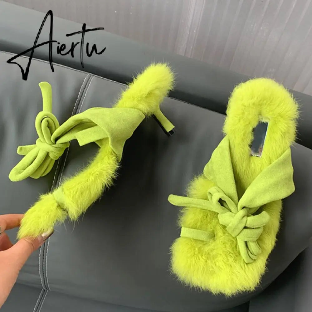 New Brand Chic Fluorescent green Plush Fur Fuzzy Sandals Women Low Thin Heels Fashion Clip Toe Ankle Lace Up Slides Shoes Aiertu