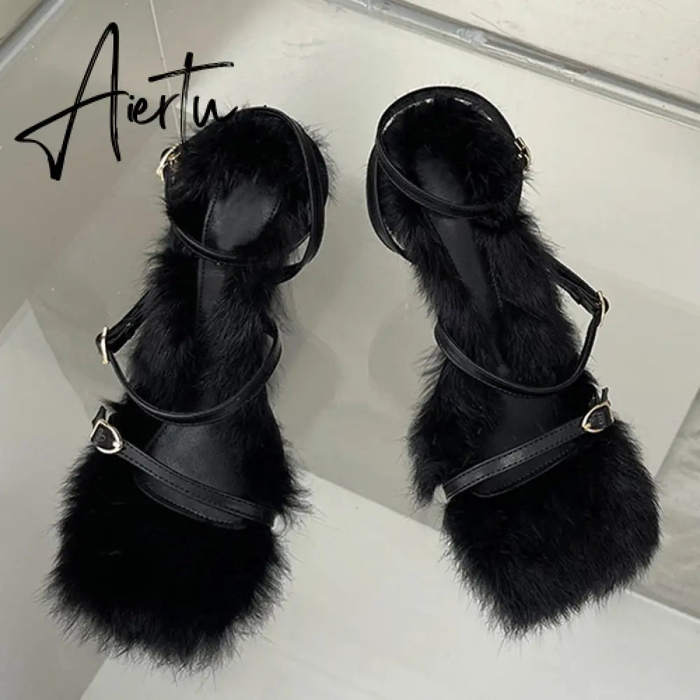 New Brand Chic Fluorescent green Plush Fur Fuzzy Sandals Women Low Thin Heels Fashion Clip Toe Ankle Lace Up Slides Shoes Aiertu