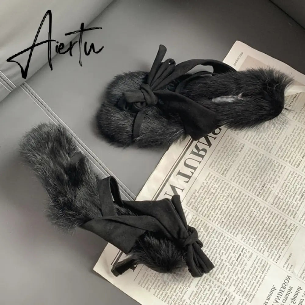 New Brand Chic Fluorescent green Plush Fur Fuzzy Sandals Women Low Thin Heels Fashion Clip Toe Ankle Lace Up Slides Shoes Aiertu