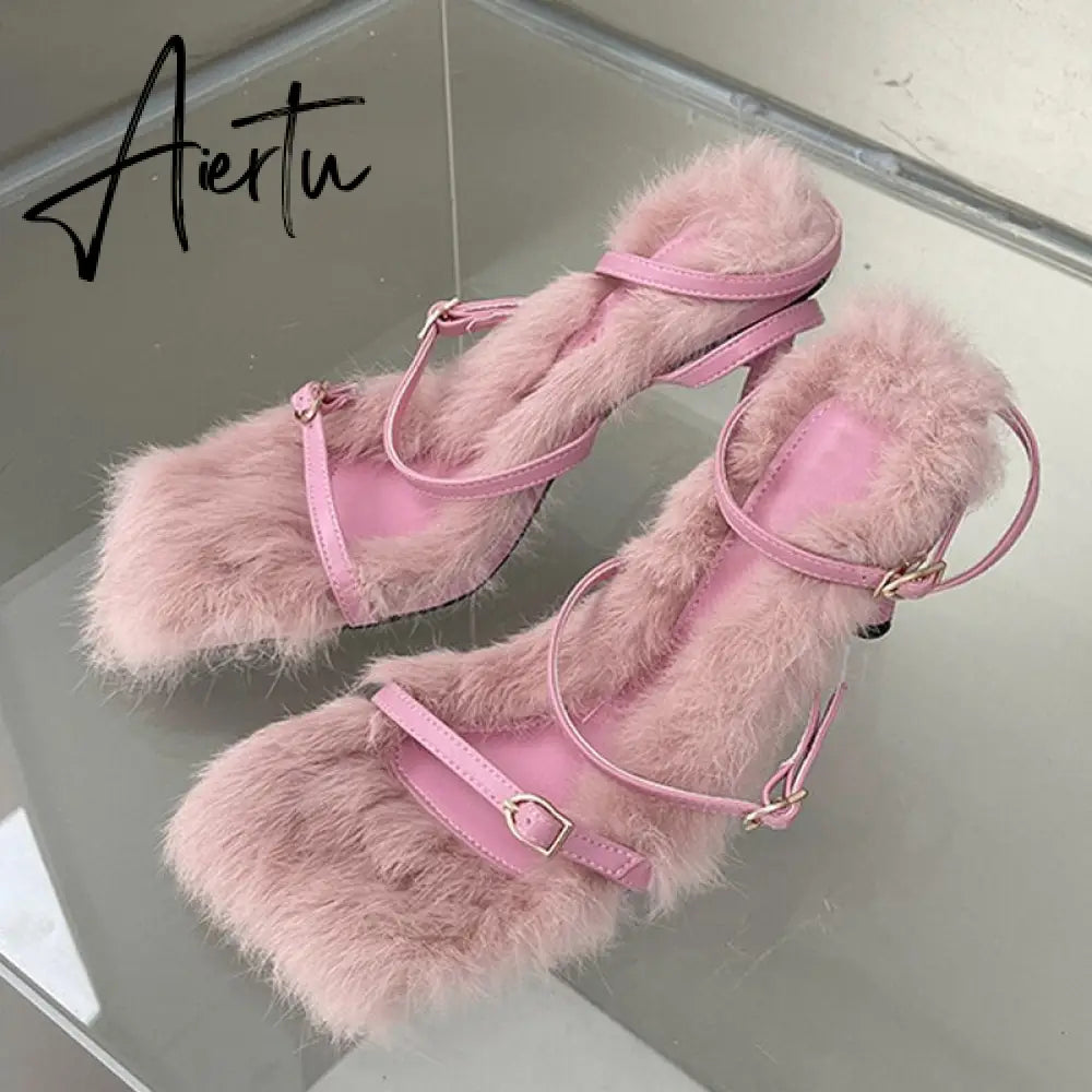 New Brand Chic Fluorescent green Plush Fur Fuzzy Sandals Women Low Thin Heels Fashion Clip Toe Ankle Lace Up Slides Shoes Aiertu