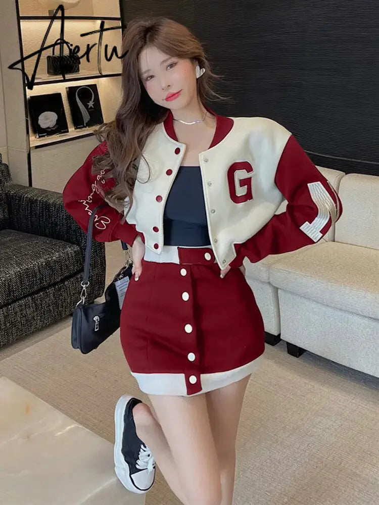 New Casual 2 Piece Set Women Loose Hoodie Vintage Baseball Jacket High Waist Mini Skirts Two Piece Suits Aiertu