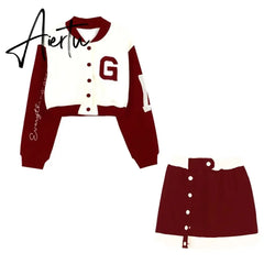 New Casual 2 Piece Set Women Loose Hoodie Vintage Baseball Jacket High Waist Mini Skirts Two Piece Suits Aiertu