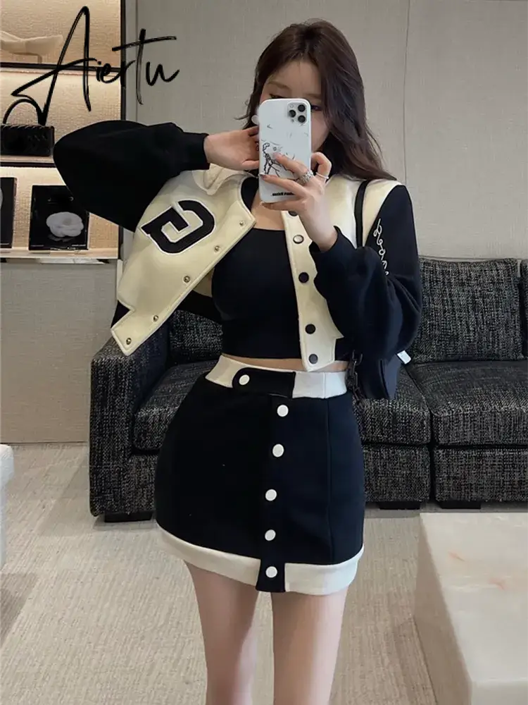 New Casual 2 Piece Set Women Loose Hoodie Vintage Baseball Jacket High Waist Mini Skirts Two Piece Suits Aiertu