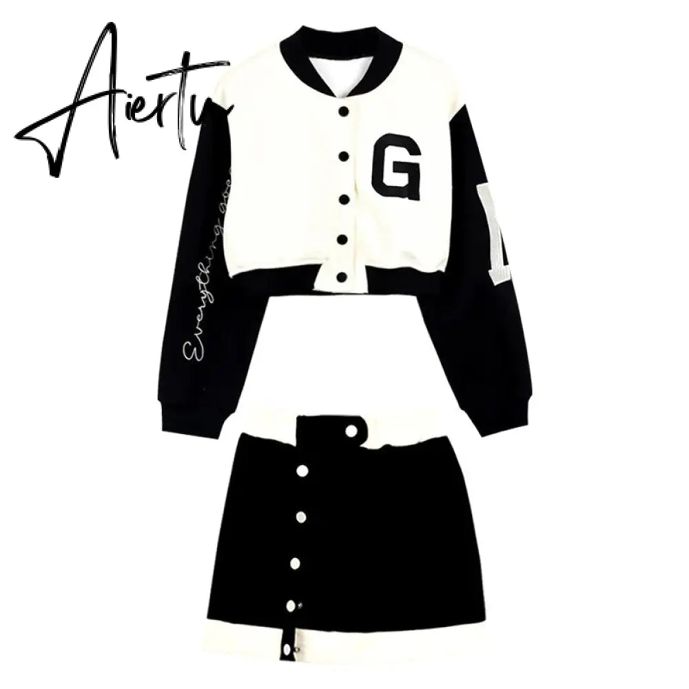 New Casual 2 Piece Set Women Loose Hoodie Vintage Baseball Jacket High Waist Mini Skirts Two Piece Suits Aiertu