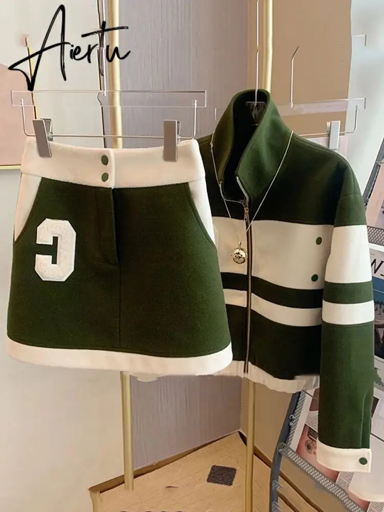 New Casual 2 Piece Set Women Loose Hoodie Vintage Baseball Jacket High Waist Mini Skirts Two Piece Suits Aiertu