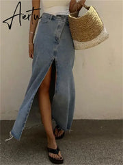 New Casual High Waist Denim Skirts Women Spilt Out Maxi Jean Skirt Summer Holiday Long Skirts Aiertu