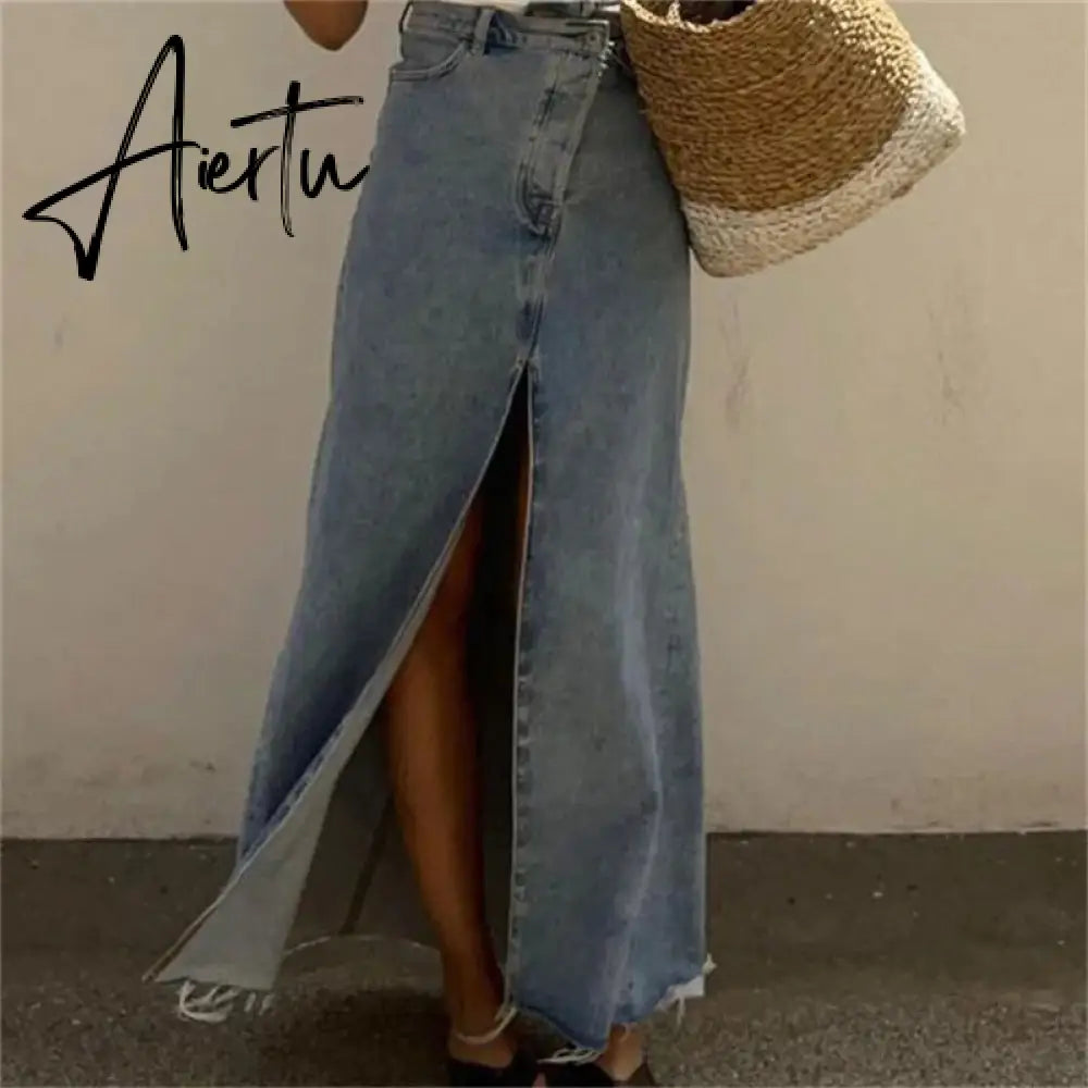 New Casual High Waist Denim Skirts Women Spilt Out Maxi Jean Skirt Summer Holiday Long Skirts Aiertu