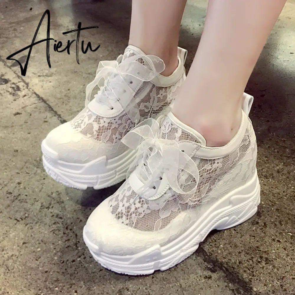 NEW Classic Women Mesh Platform Sneakers Trainers White Shoes High Heels Wedges Outdoor Shoes Breathable Casual Shoes Woman Aiertu