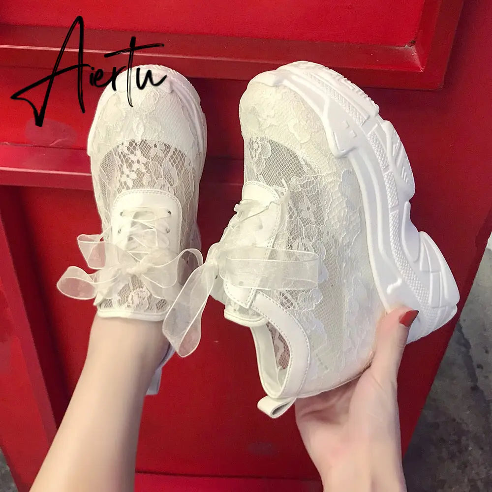 NEW Classic Women Mesh Platform Sneakers Trainers White Shoes High Heels Wedges Outdoor Shoes Breathable Casual Shoes Woman Aiertu