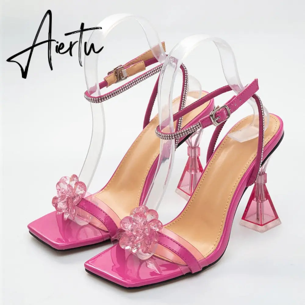 New Clear Flowers Design PVC Transparent Sandals For Women Chic Style High Heels Sexy Rhinestone Ankle Strap Dress Shoes Aiertu
