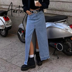 New Cotton Simple Vintage Long A-Line Skirt Slit Denim Skirt Y2K Party Skinny Vestidos Women Clothes Vero Vintage Size Aiertu