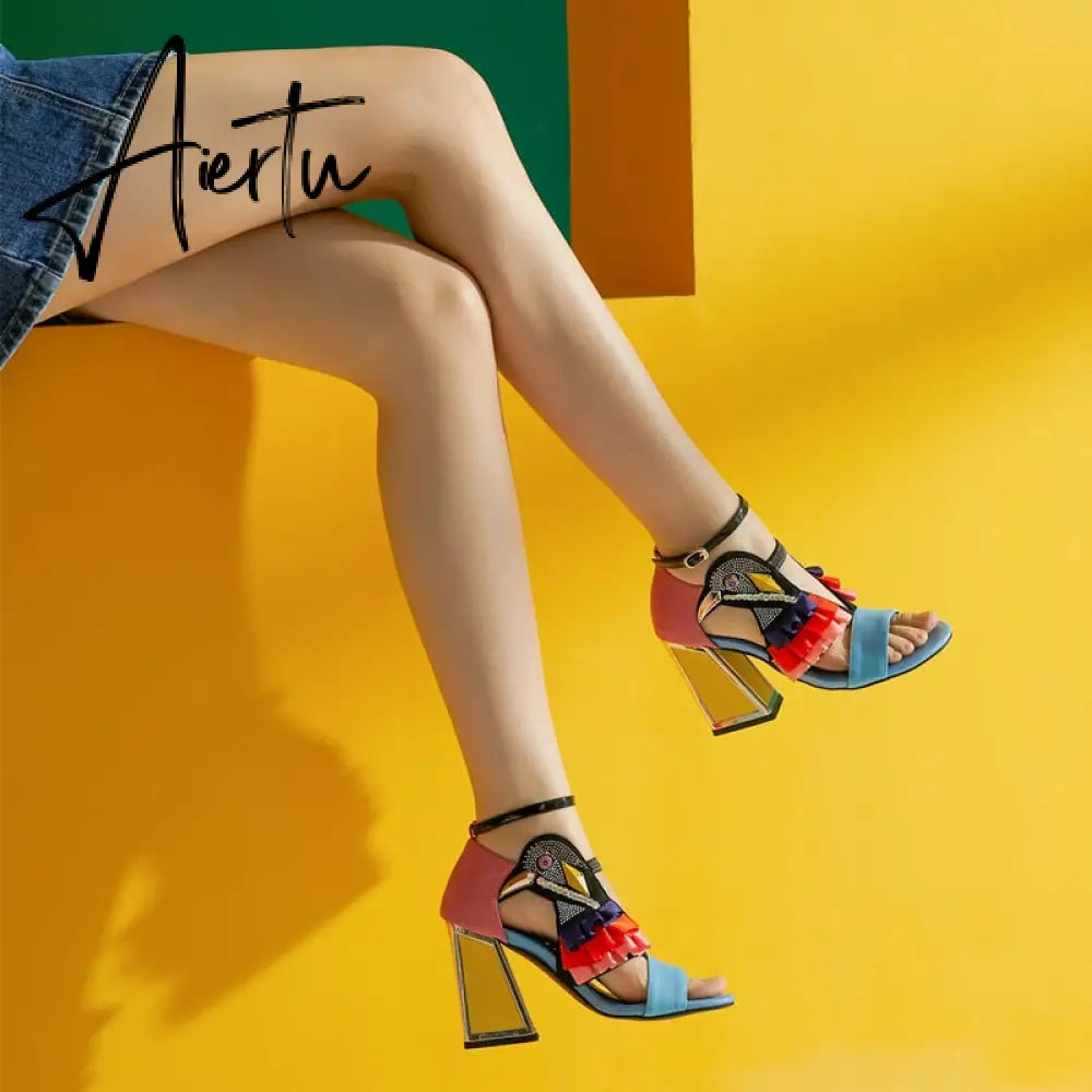 New Designer High Heel Shoes Women Summer Sandals Ruffles Bird Decor Party Heels Bling Rhinestone Chunky Heel Novelty Sandalias Aiertu