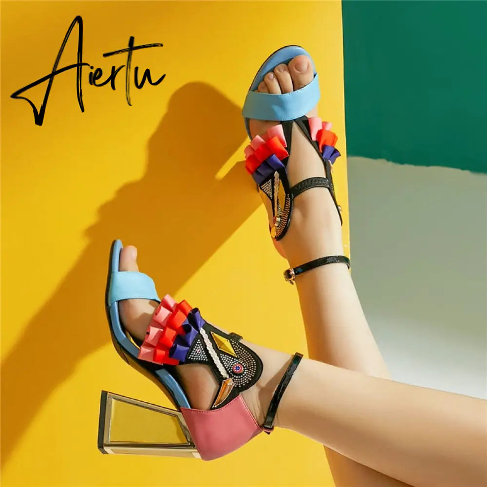 New Designer High Heel Shoes Women Summer Sandals Ruffles Bird Decor Party Heels Bling Rhinestone Chunky Heel Novelty Sandalias Aiertu