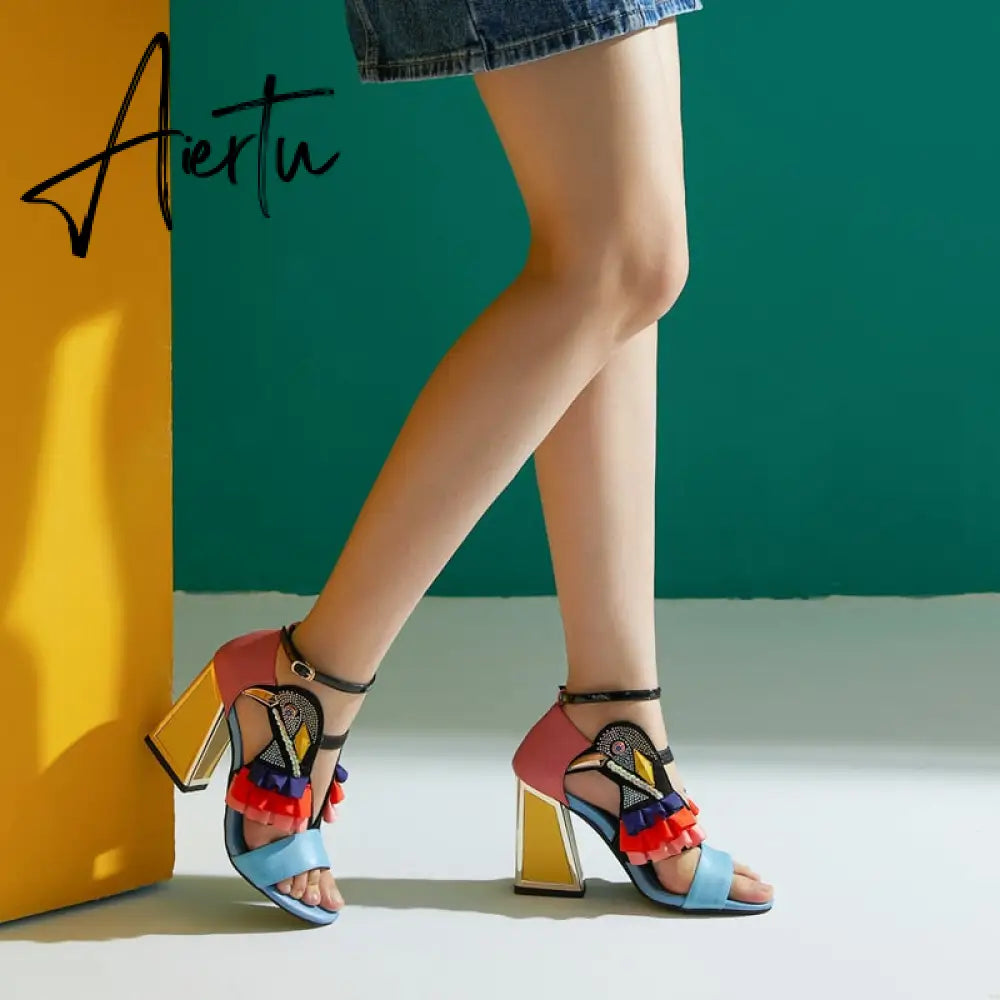 New Designer High Heel Shoes Women Summer Sandals Ruffles Bird Decor Party Heels Bling Rhinestone Chunky Heel Novelty Sandalias Aiertu