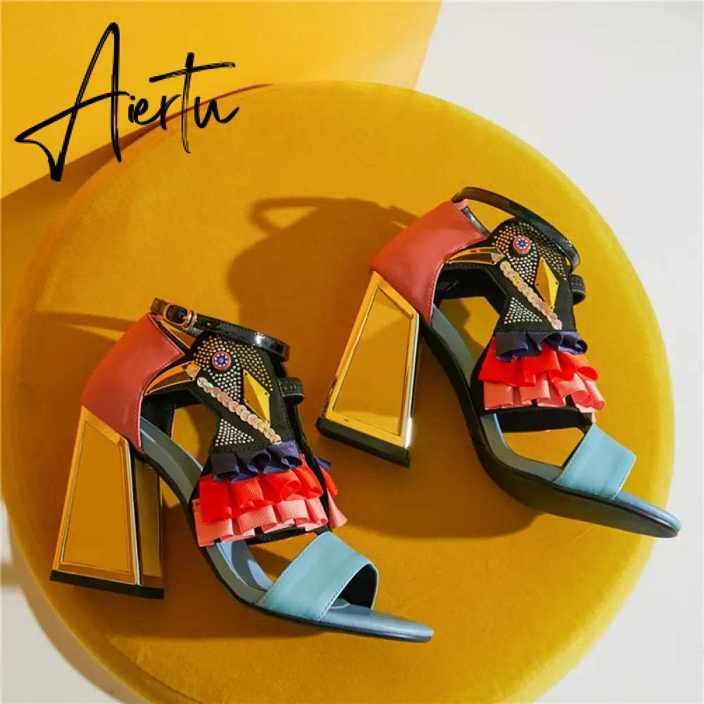 New Designer High Heel Shoes Women Summer Sandals Ruffles Bird Decor Party Heels Bling Rhinestone Chunky Heel Novelty Sandalias Aiertu