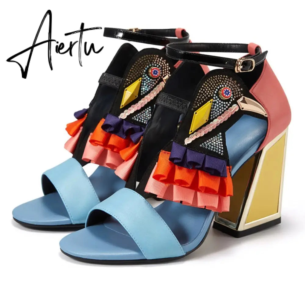 New Designer High Heel Shoes Women Summer Sandals Ruffles Bird Decor Party Heels Bling Rhinestone Chunky Heel Novelty Sandalias Aiertu