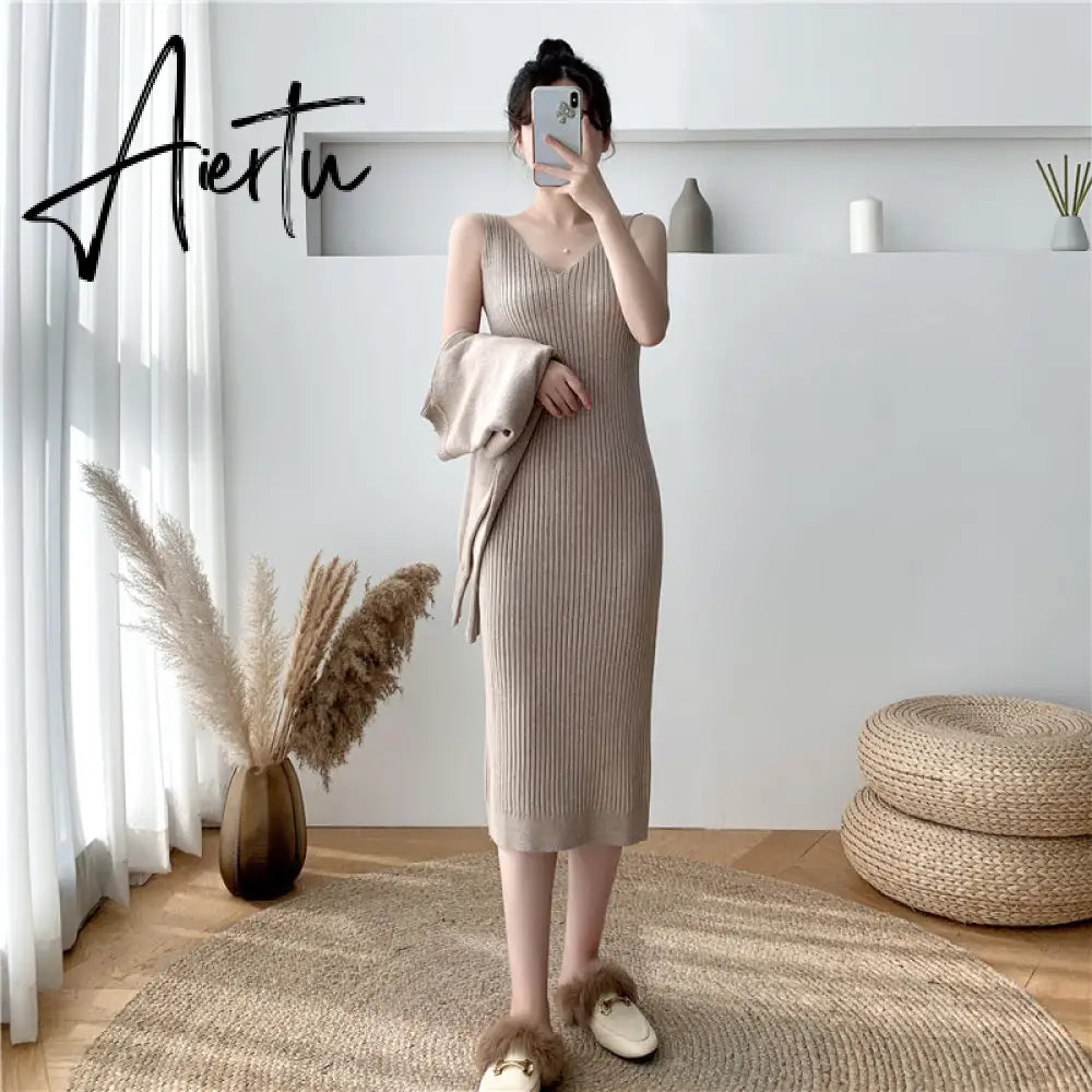 New Fall/Winter Bat Sleeve O-Neck Soft Sweater  + Women's Knitted Vest Long Dress Two-Piece Dress Sets Aiertu