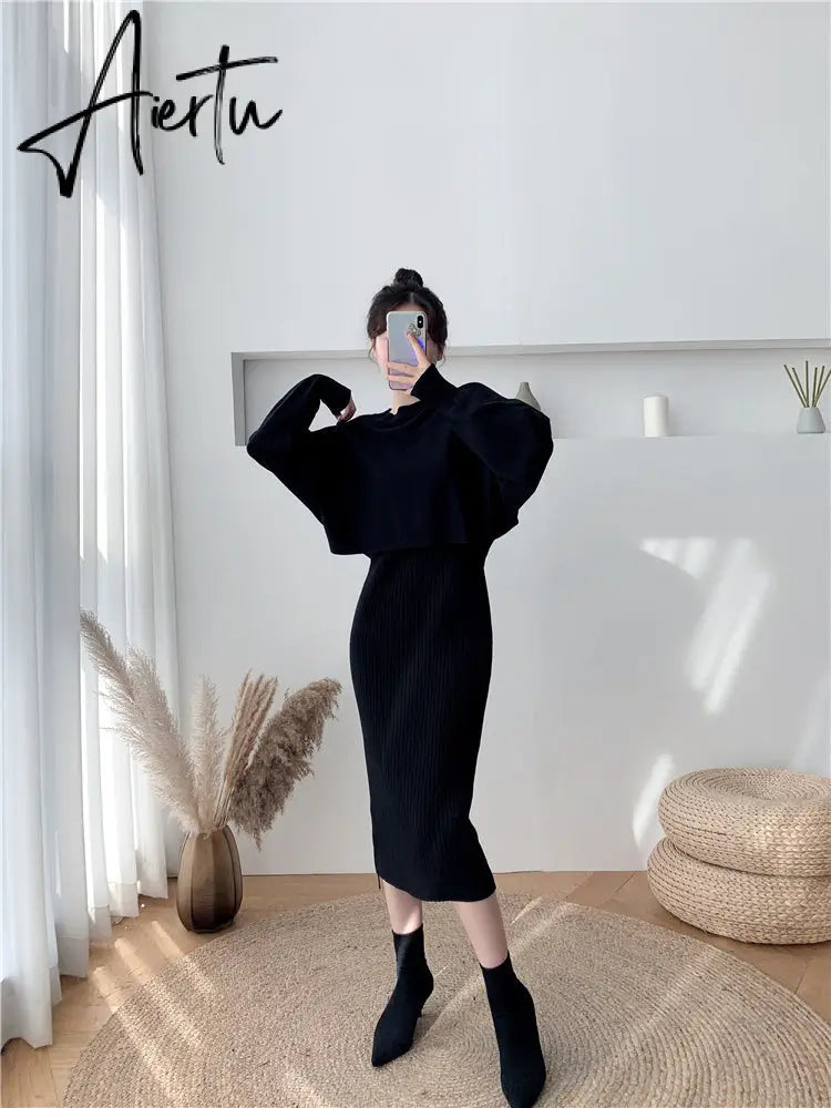 New Fall/Winter Bat Sleeve O-Neck Soft Sweater  + Women's Knitted Vest Long Dress Two-Piece Dress Sets Aiertu