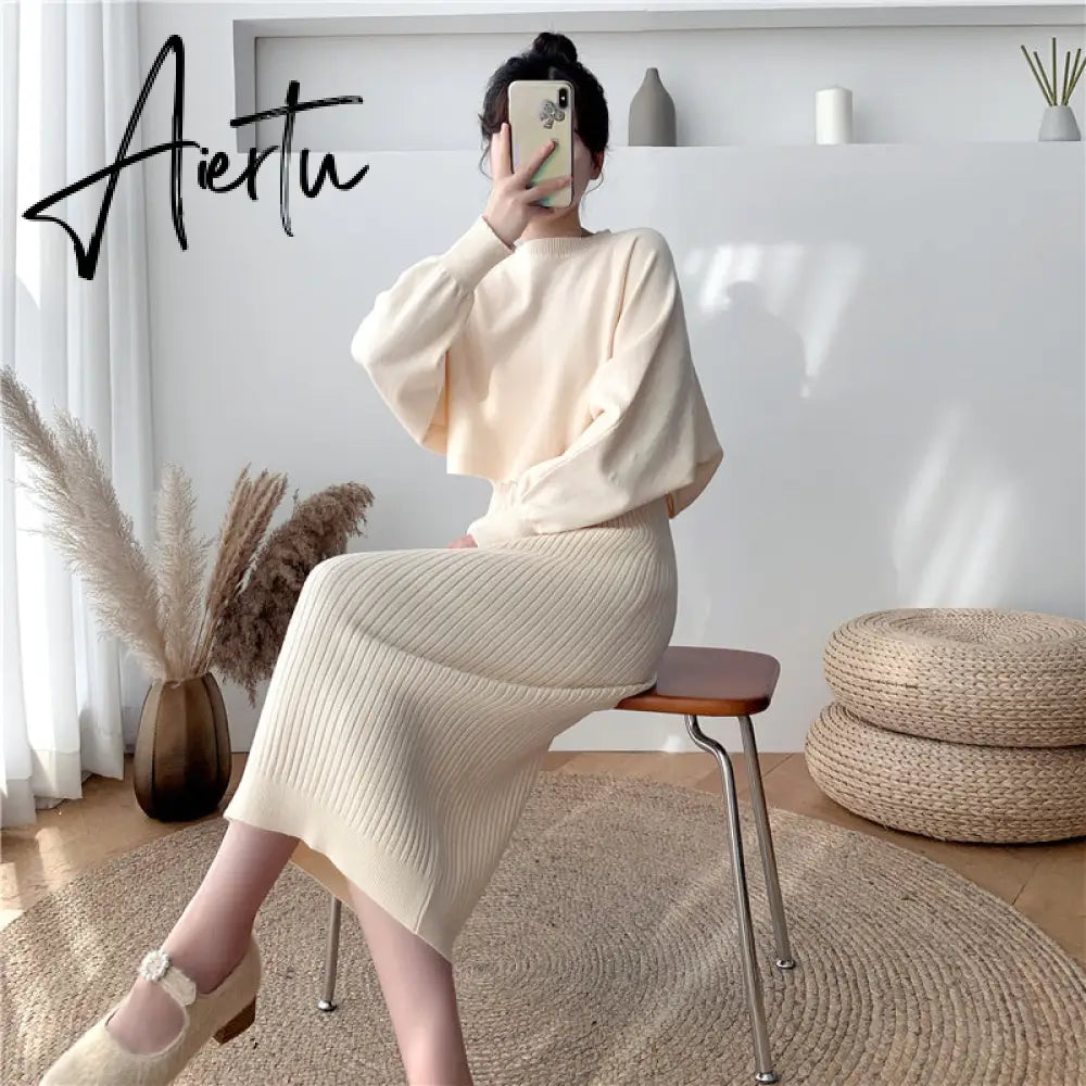 New Fall/Winter Bat Sleeve O-Neck Soft Sweater  + Women's Knitted Vest Long Dress Two-Piece Dress Sets Aiertu