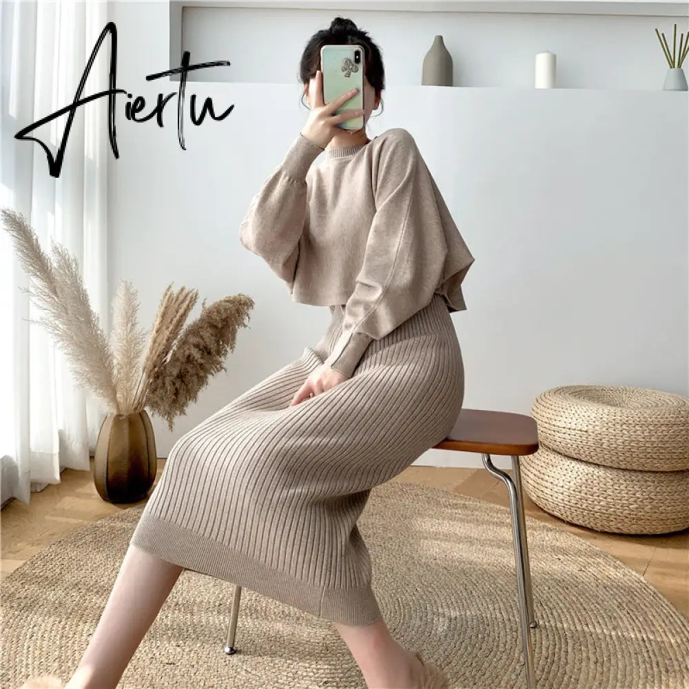 New Fall/Winter Bat Sleeve O-Neck Soft Sweater  + Women's Knitted Vest Long Dress Two-Piece Dress Sets Aiertu