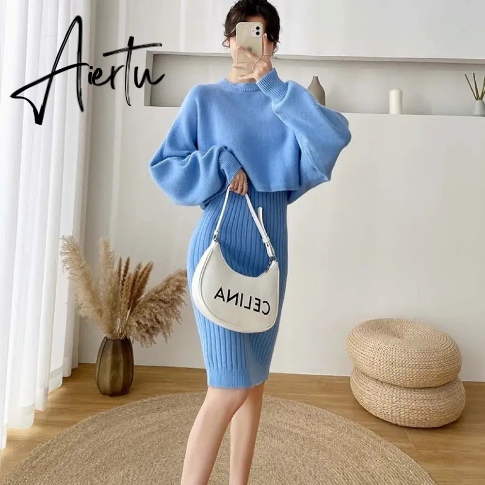 New Fall/Winter Bat Sleeve O-Neck Soft Sweater  + Women's Knitted Vest Long Dress Two-Piece Dress Sets Femme Aiertu