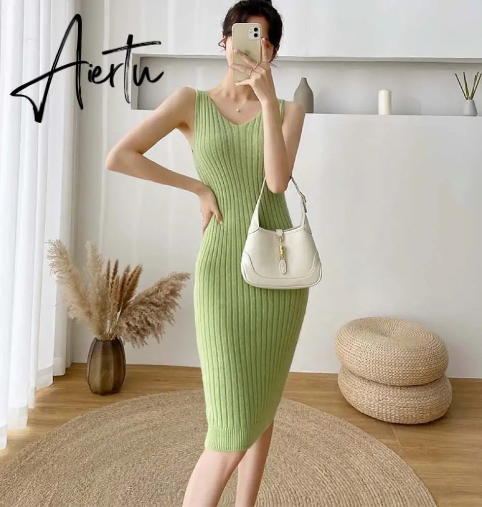 New Fall/Winter Bat Sleeve O-Neck Soft Sweater  + Women's Knitted Vest Long Dress Two-Piece Dress Sets Femme Aiertu