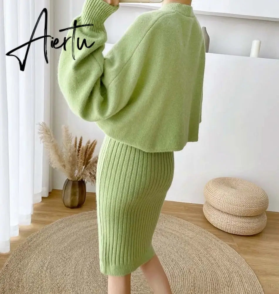 New Fall/Winter Bat Sleeve O-Neck Soft Sweater  + Women's Knitted Vest Long Dress Two-Piece Dress Sets Femme Aiertu