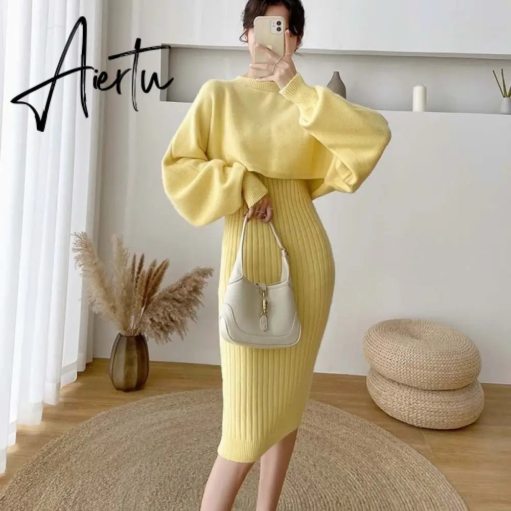 New Fall/Winter Bat Sleeve O-Neck Soft Sweater  + Women's Knitted Vest Long Dress Two-Piece Dress Sets Femme Aiertu